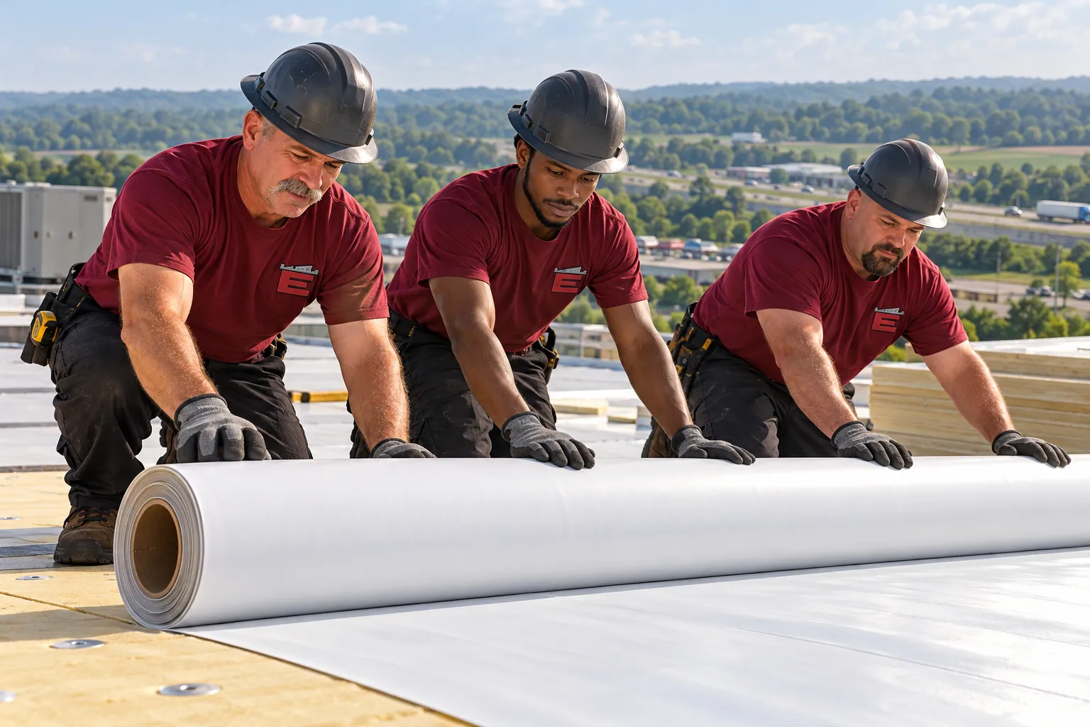 Roofers wearing the company logo heat-welding a white TPO membrane seam on a commercial roof
