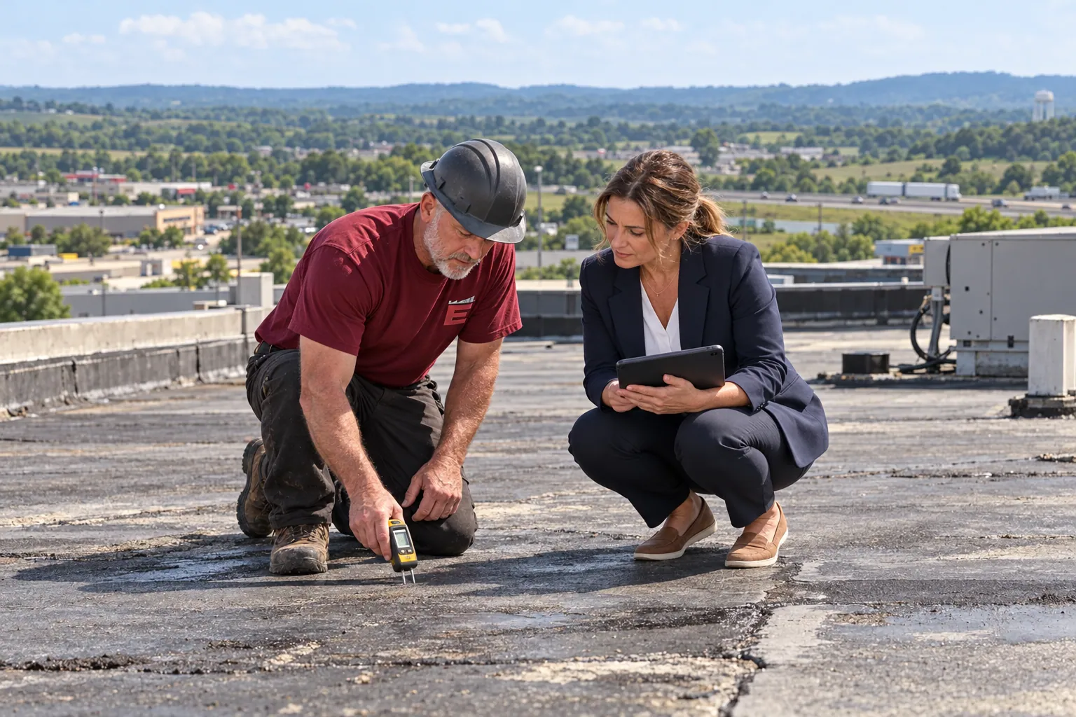 Roofer in a logo shirt walking a low-slope commercial roof and checking the membrane and flashing
