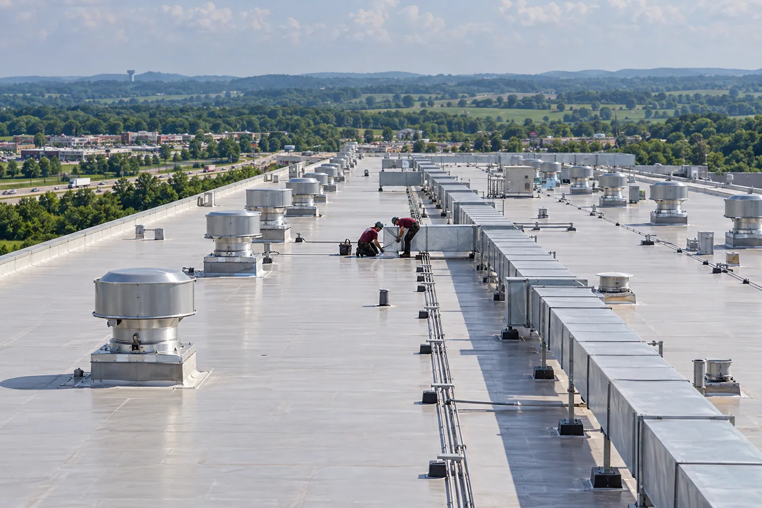 Roofing crew in logo shirts working across a large industrial roof with exhaust fans and rooftop units