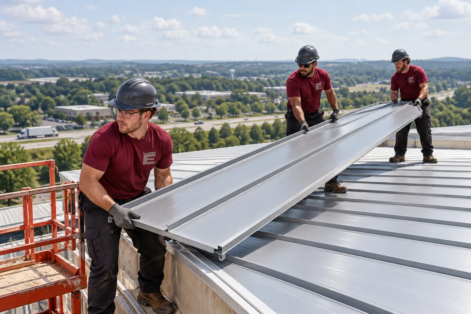 Roofers wearing the company logo fastening standing seam metal panels on a commercial building