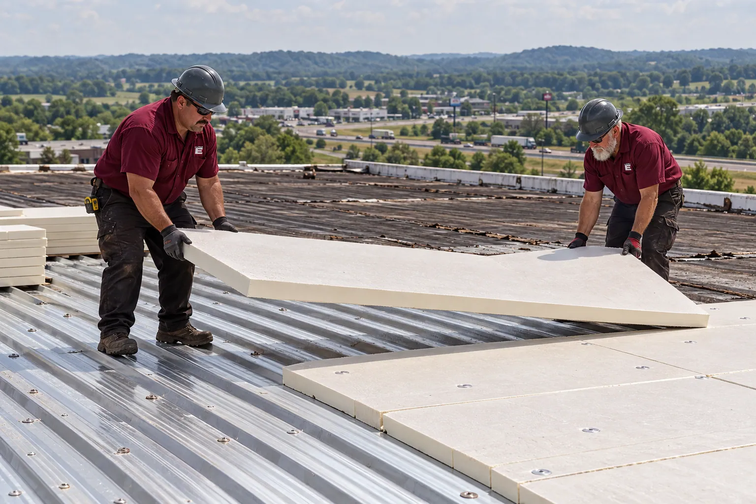 Roofing crew in logo uniforms tearing off an old low-slope roof down to the deck